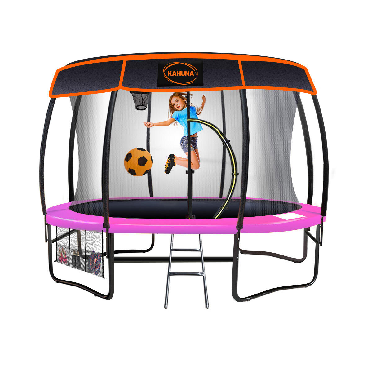 Kahuna Trampoline with Basketball Set and Roof