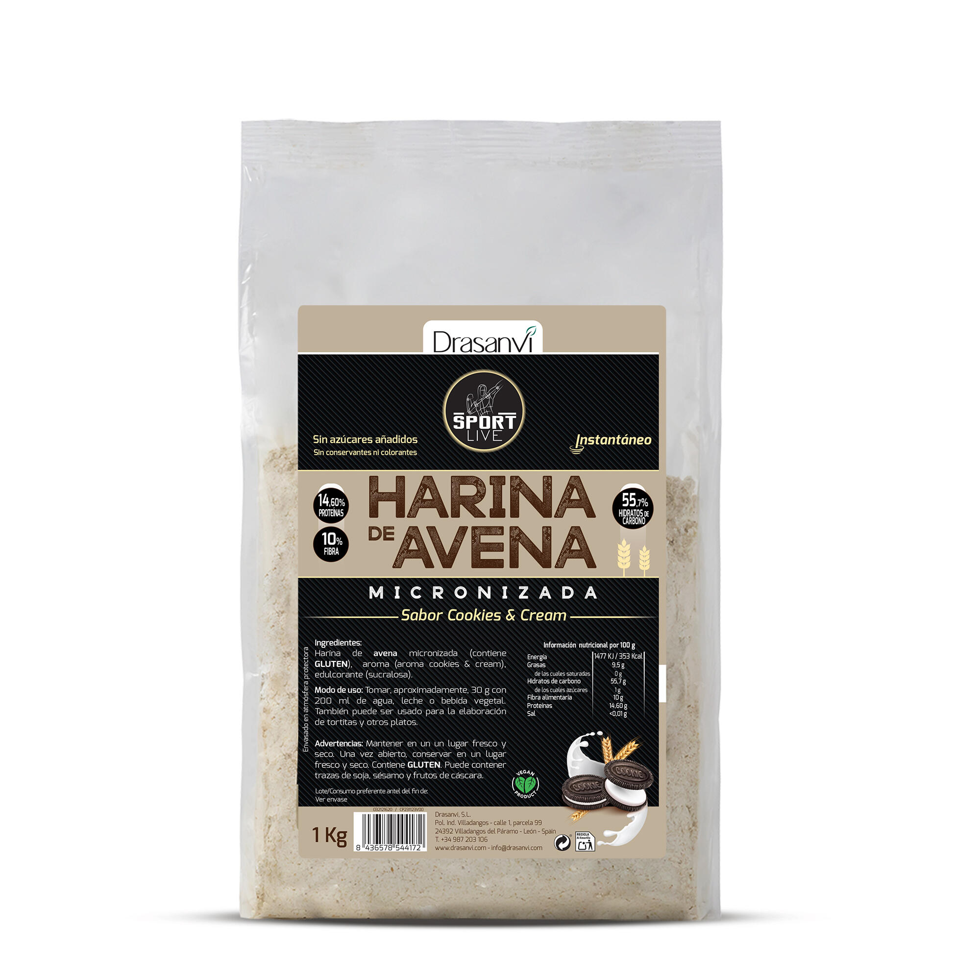 DRASANVI Farinha de aveia com sabor a bolachas Sport Live - Sem adição de açúcares - 1 kg