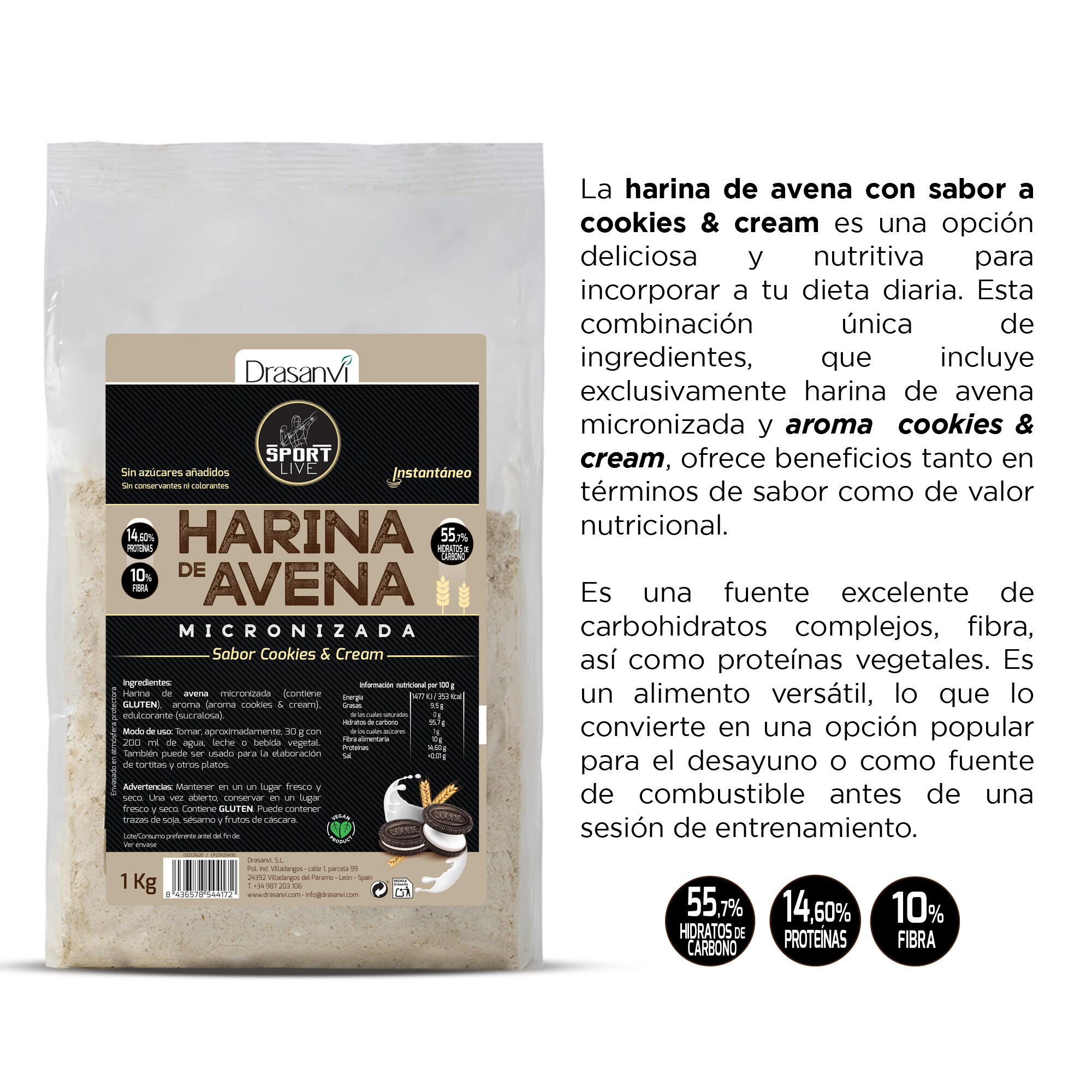 Harina Avena Sabor Cookies Sport Live - Sin azúcares añadidos - 1Kg - DRASANVI 3/6