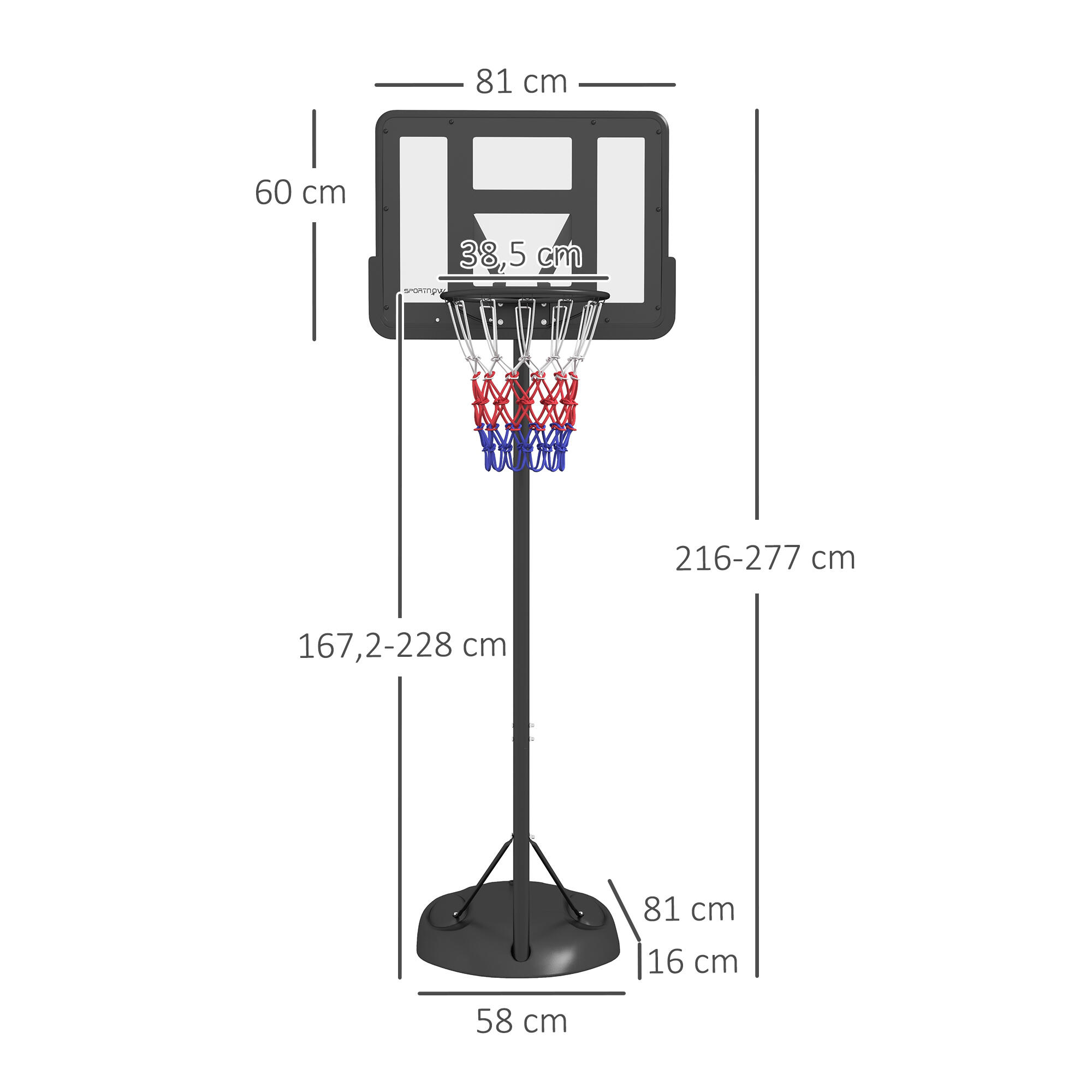 Tabela de basquetebol 81x58x216-277 cm preto SPORTNOW 3/7