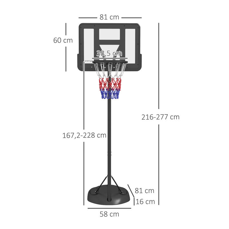 Tabela de basquetebol 81x58x216-277 cm preto SPORTNOW