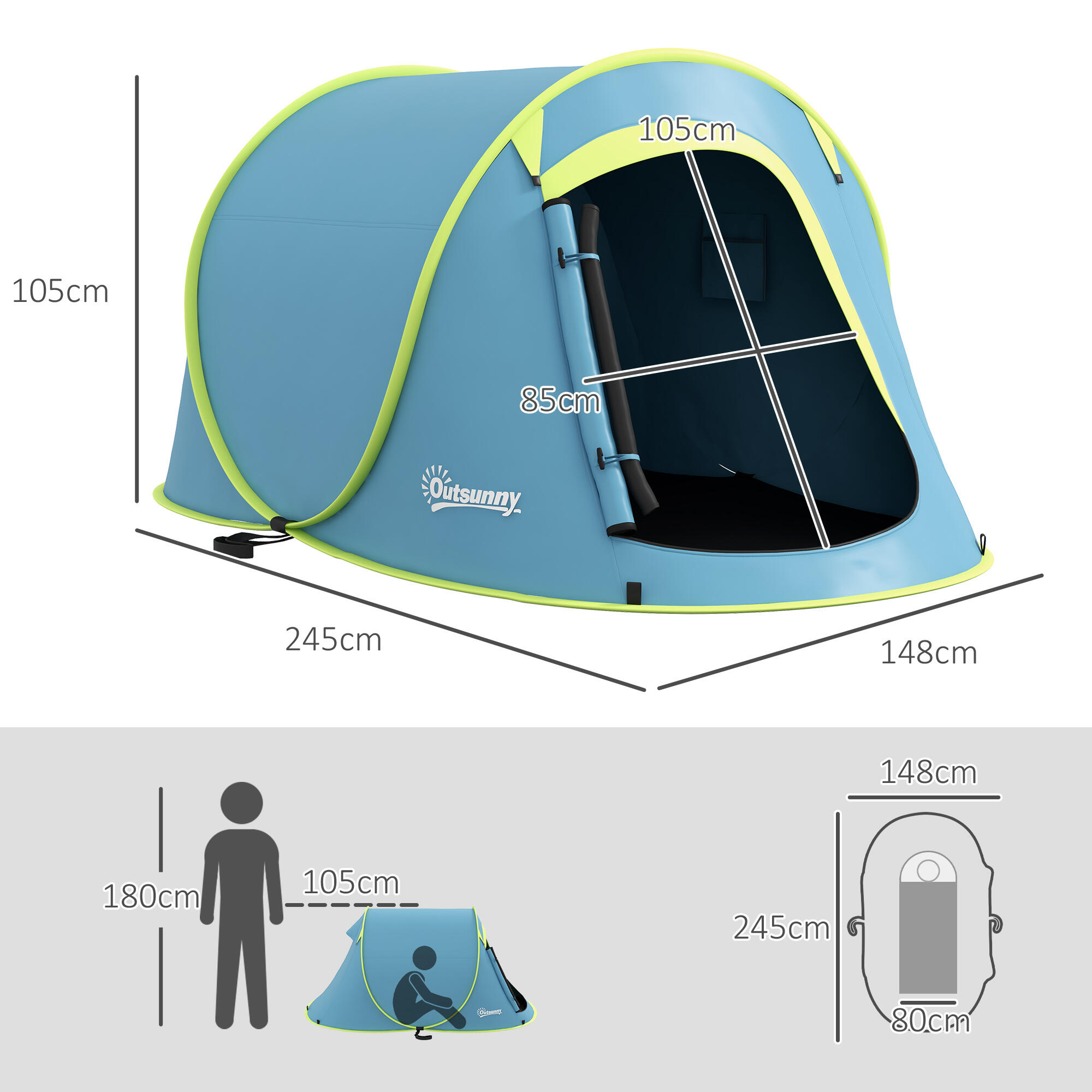 Tenda de campismo 245x148x105 cm azul Outsunny 3/7