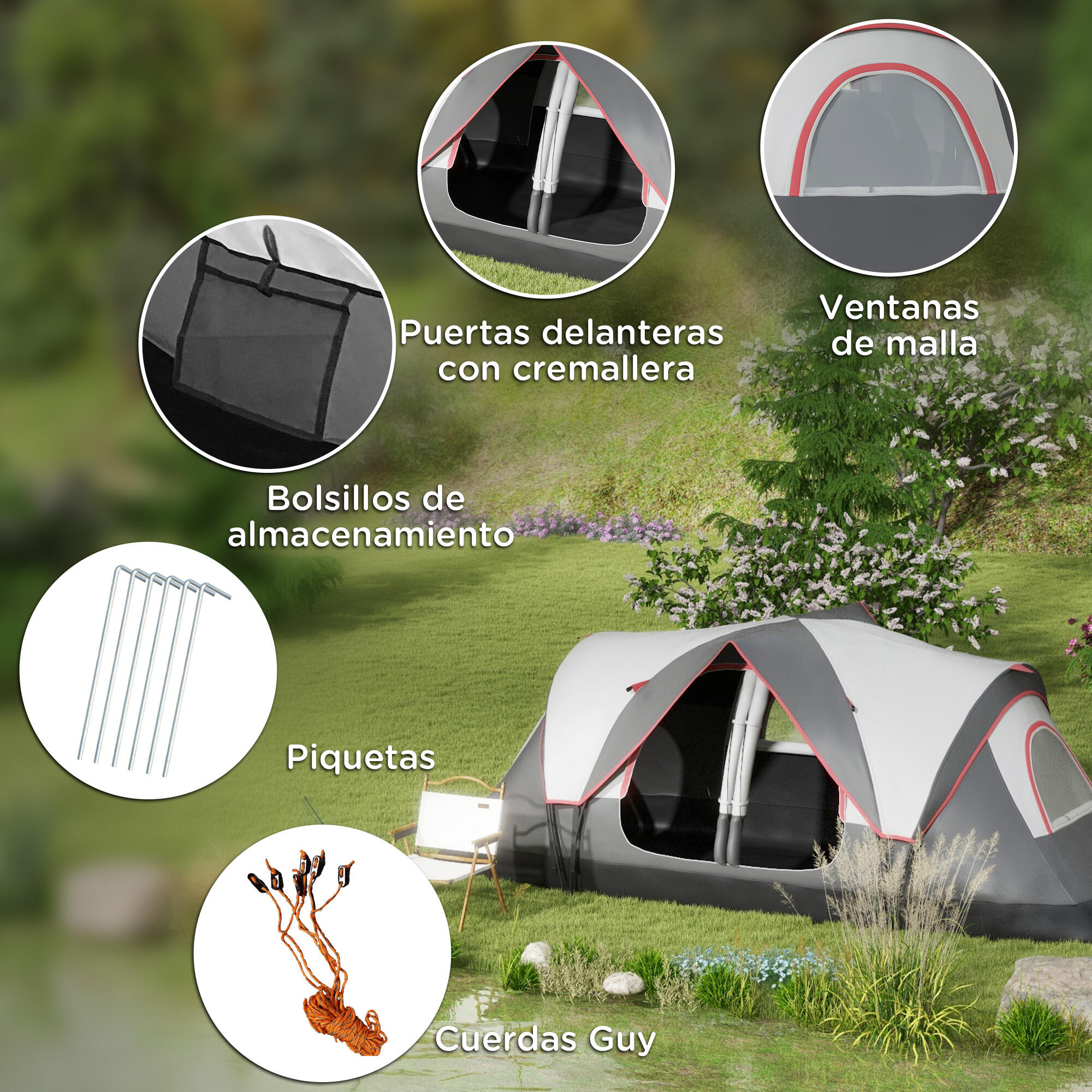 Tenda de campismo familiar 450x215x180 cm cinzento Outsunny 4/7