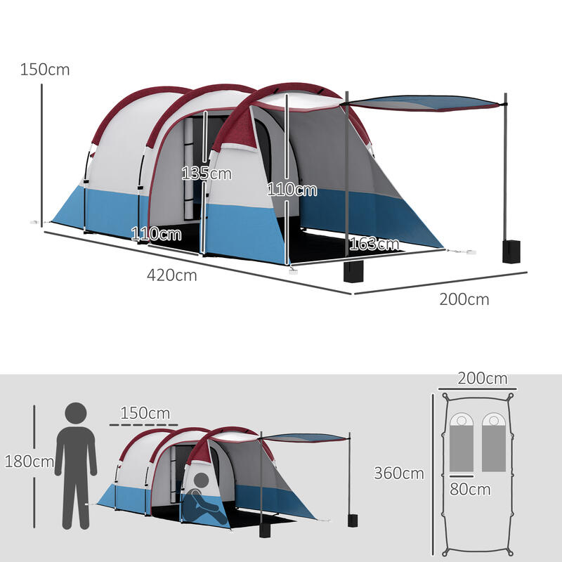 Outsunny Cort de Camping Impermeabil cu 2 Zone Și 3 Intrări, 420X200X150 cm