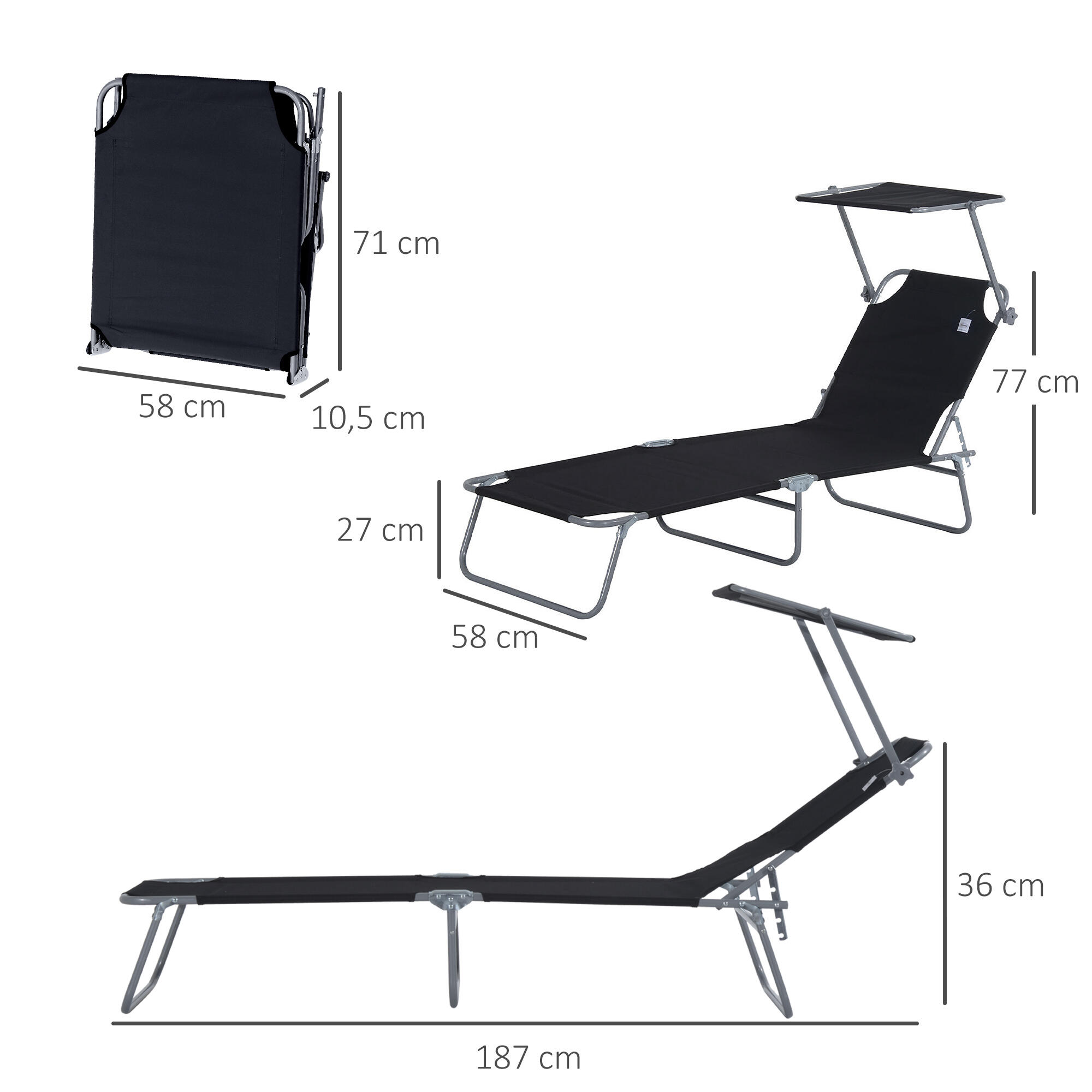 Tumbonas Plegables Outsunny 187x58x36 cm Negro 3/7