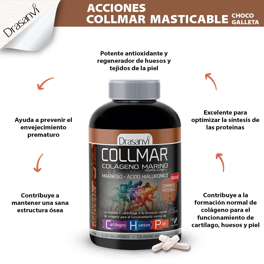 Collmar - Colágeno Marino Hidrolizado - 180Comprimidos Masticables - Sabor Choco 5/6