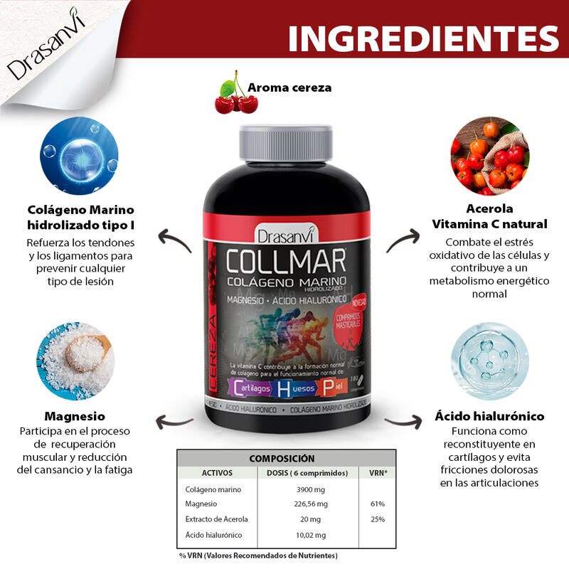 Drasanvi Collmar Colágeno Magnesio + Ácido Hialurónico  180 comp masticables -