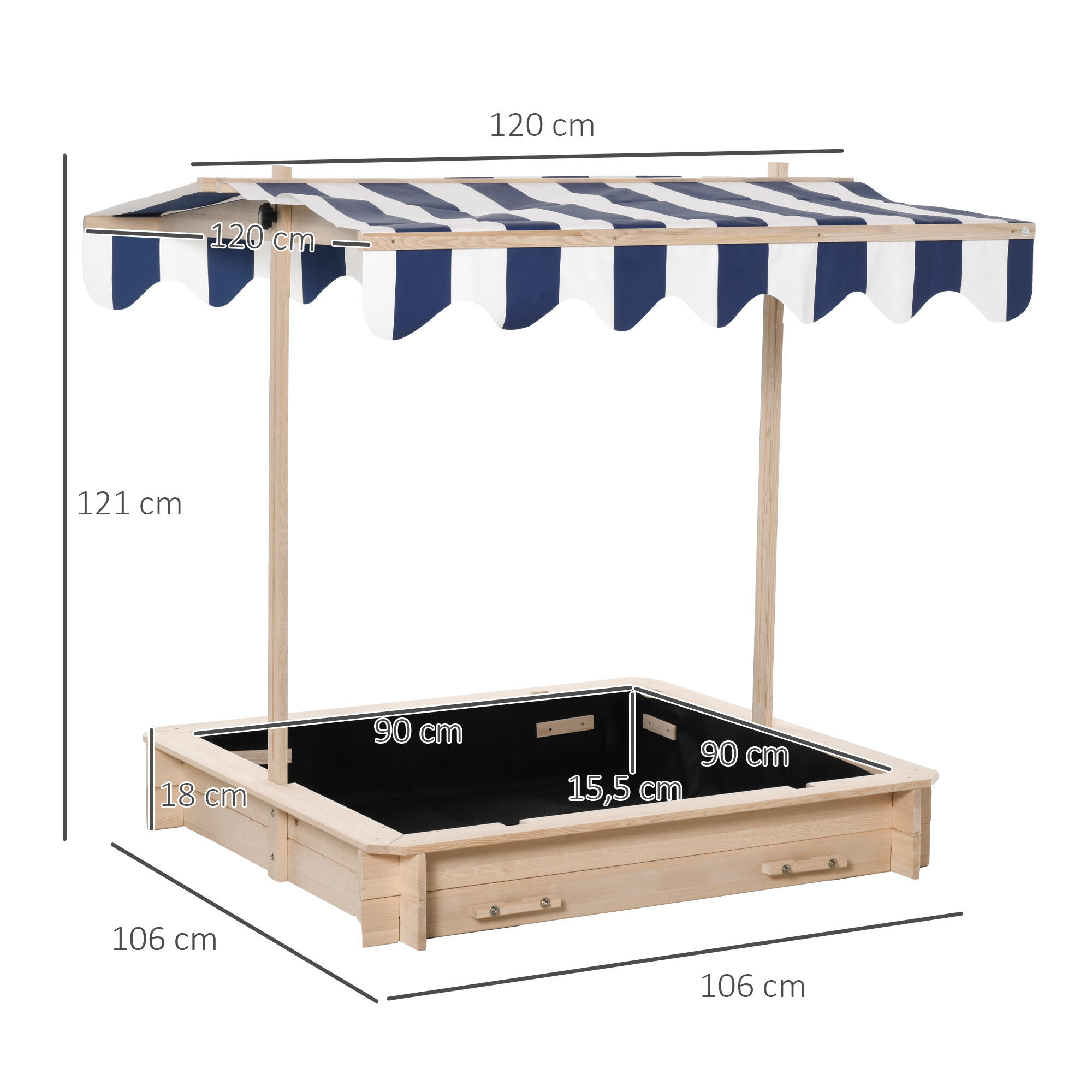 Arenero para Niños Outsunny 106x106x121 cm Madera Natural, Azul, Blanco 3/7