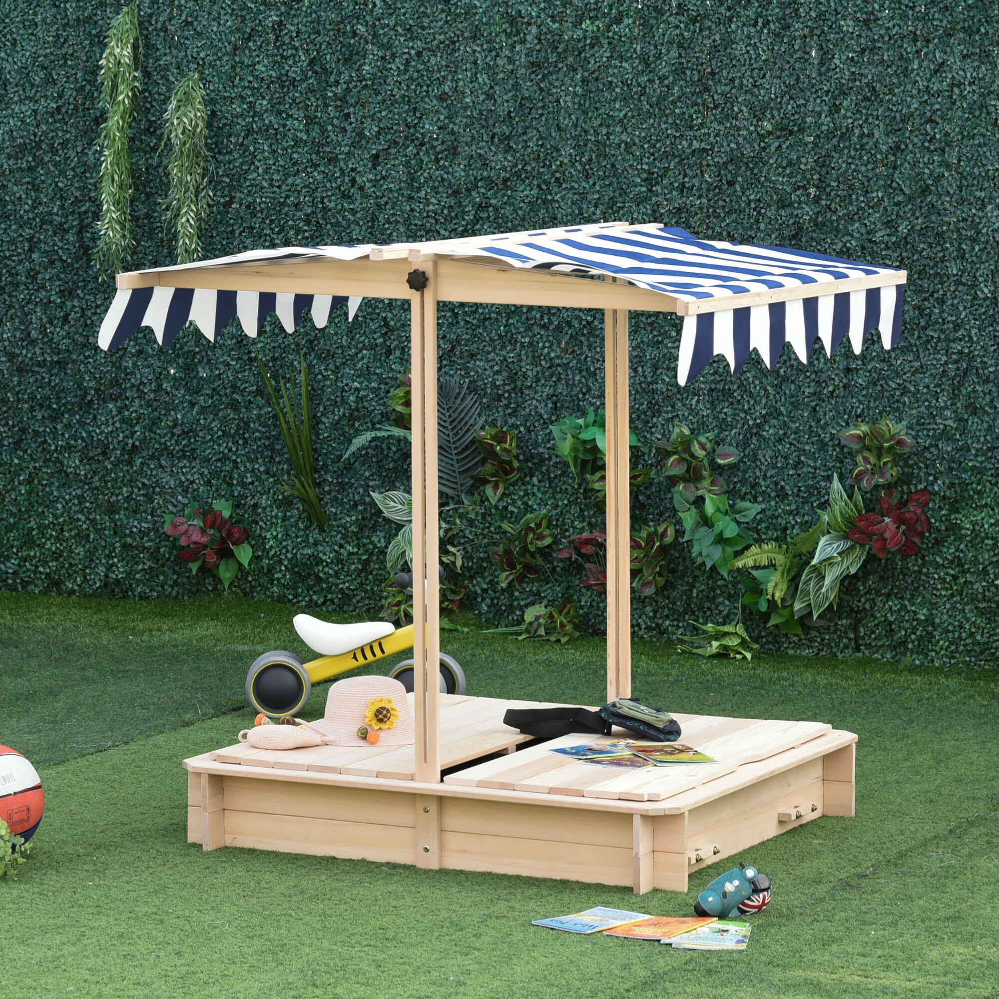 Arenero para Niños Outsunny 106x106x121 cm Madera Natural, Azul, Blanco 2/7
