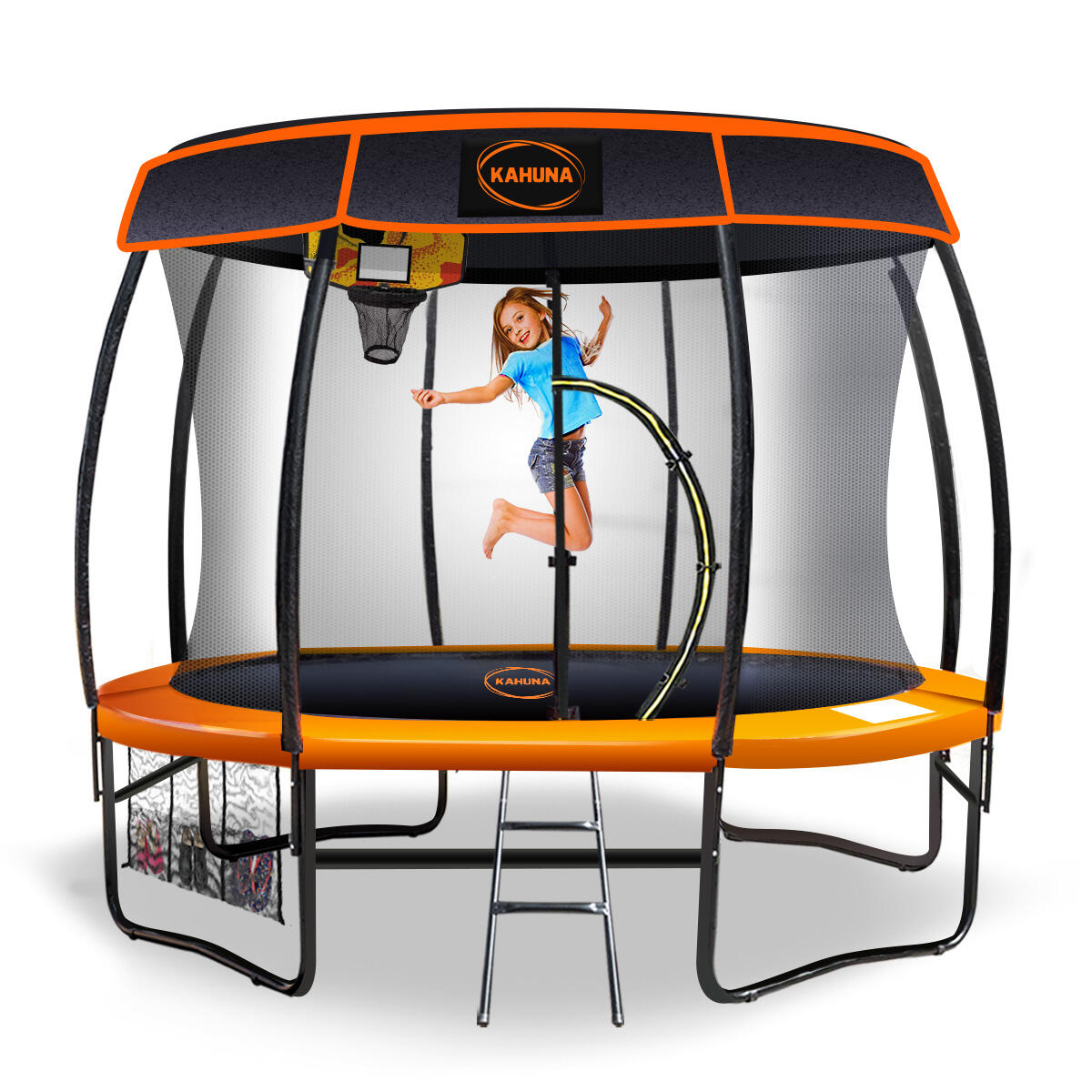 Kahuna Trampoline with Basketball Set and Roof