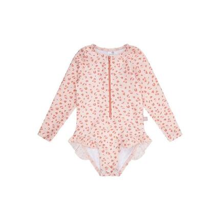 Maillot de bain anti-UV fille à manches longues - vieux rose - Leopard - 134/140