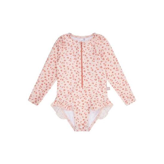 Maillot de bain anti-UV fille à manches longues - vieux rose - Leopard - 134/140