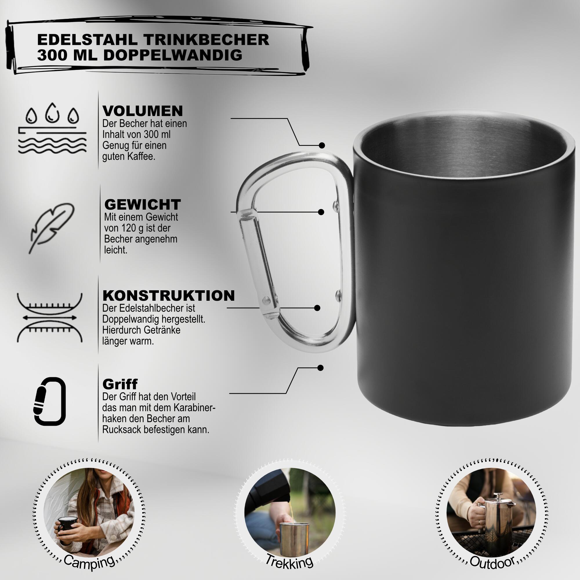 Edelstahl Becher mit Karabinerhaken Trinkbecher 300 ml Kaffeebecher 2/7