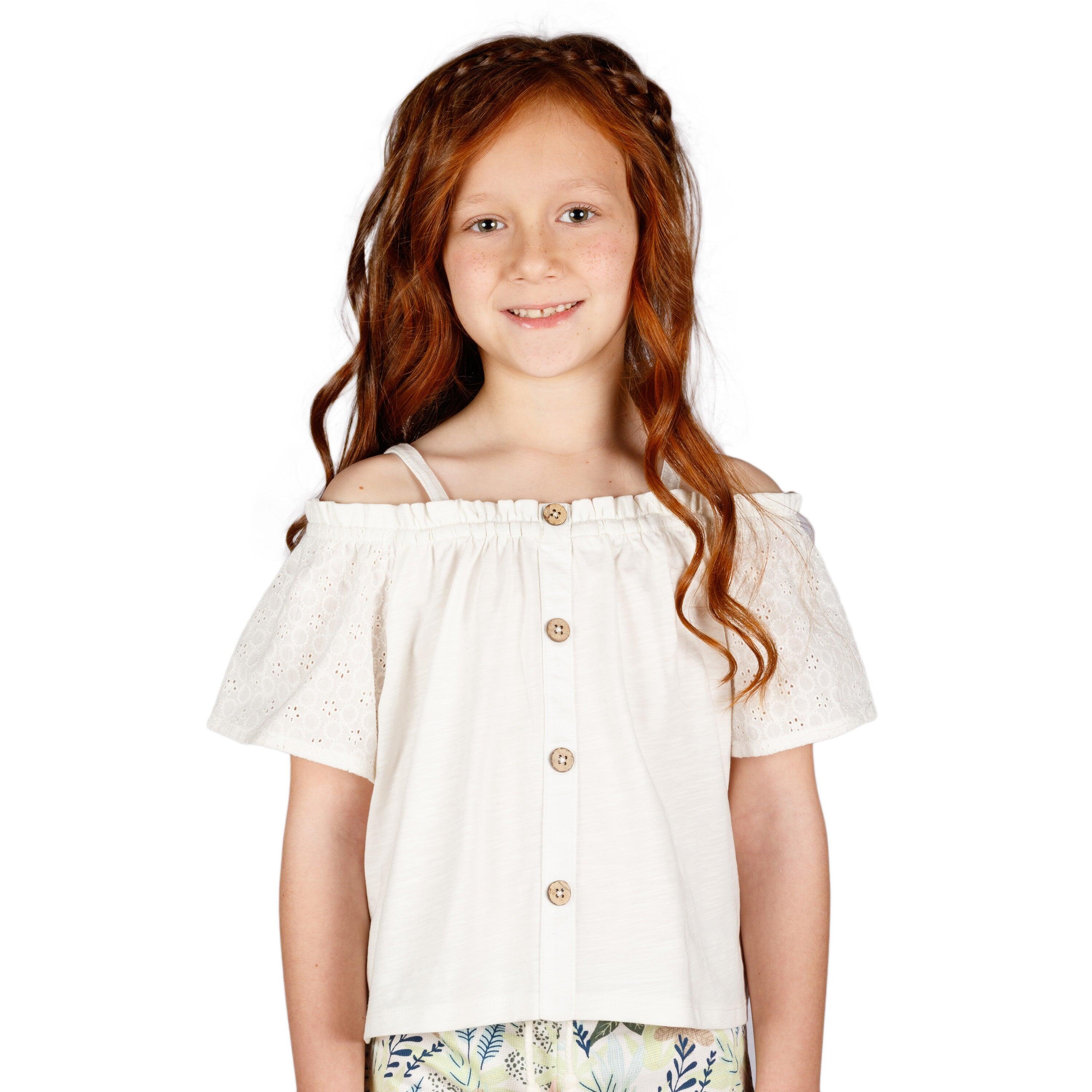 Camiseta de niña crudo mangas en bordado inglés 4/5