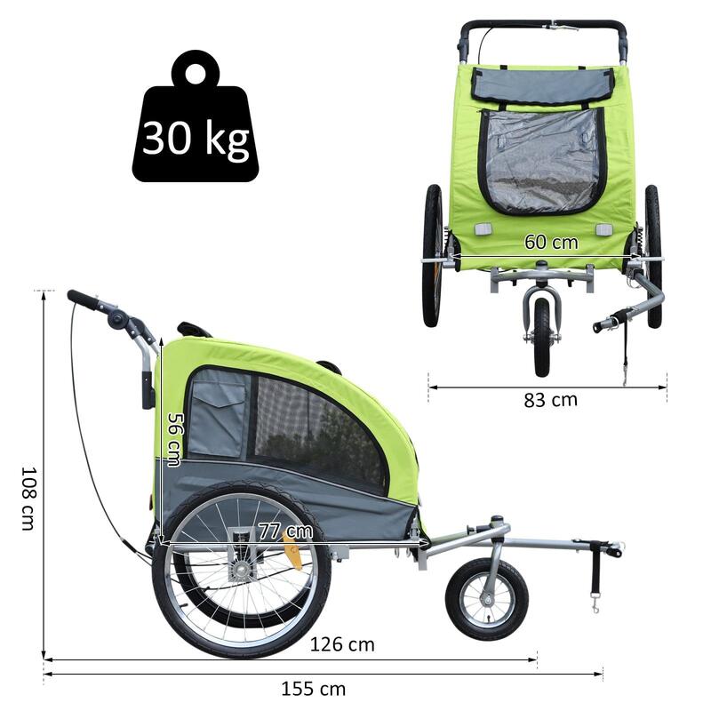 Reboque Bicicleta Cães 155x83x103 cm Verde e Cinza PawHut