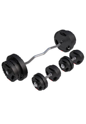 SET D'HALTÈRES DE 68KG PLASTIQUE GRIP + BARRE CURL 120CM | MUSCULATION