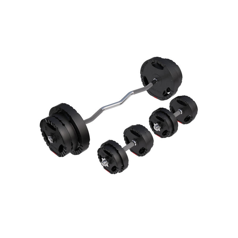 SET D'HALTÈRES DE 68KG PLASTIQUE GRIP + BARRE CURL 120CM | MUSCULATION