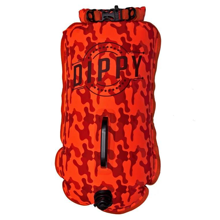 DIPPY SWIM CO Tow Float | Open Water Swim Buoy | Dry Bag Orange Camo 28 Litres