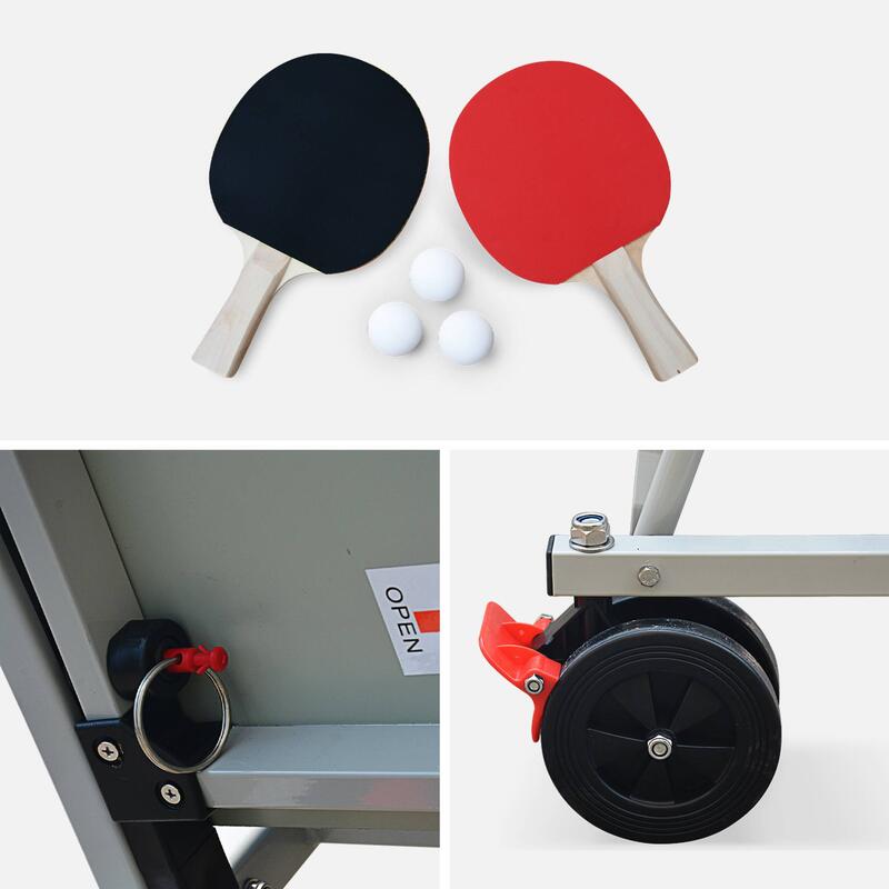 Table de ping pong OUTDOOR bleue, avec 2 raquettes et 3 balles, pour utilisation