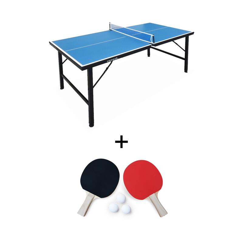 Mini table de ping pong pliable 150x75cm INDOOR bleue, avec 4 raquettes et 6