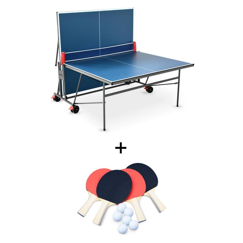 Table de ping pong INDOOR bleue, avec 4 raquettes et 6 balles, pour utilisation