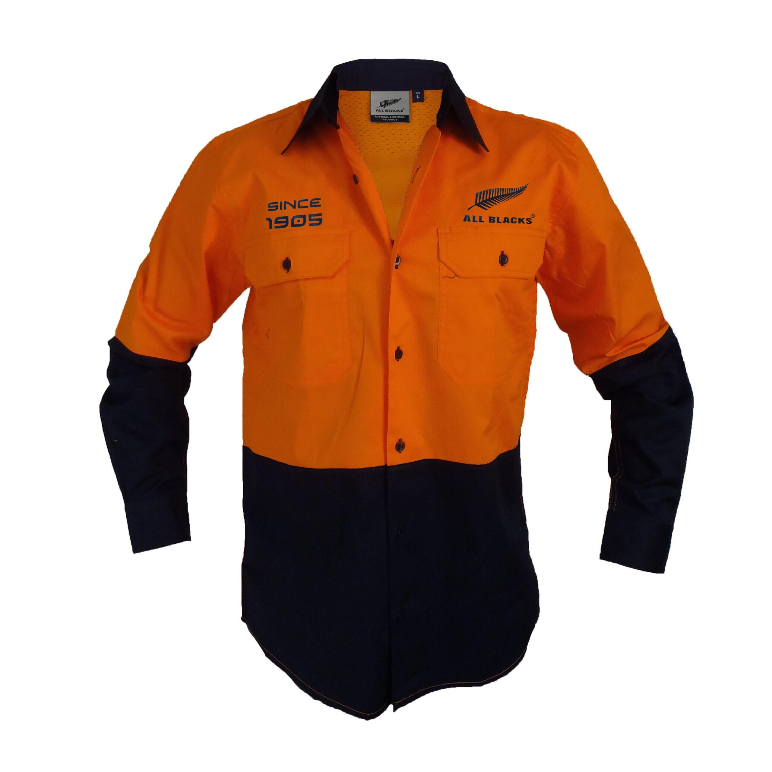 All Blacks NRL Hi Vis Button up Work Shirt Long Sleeve Orange