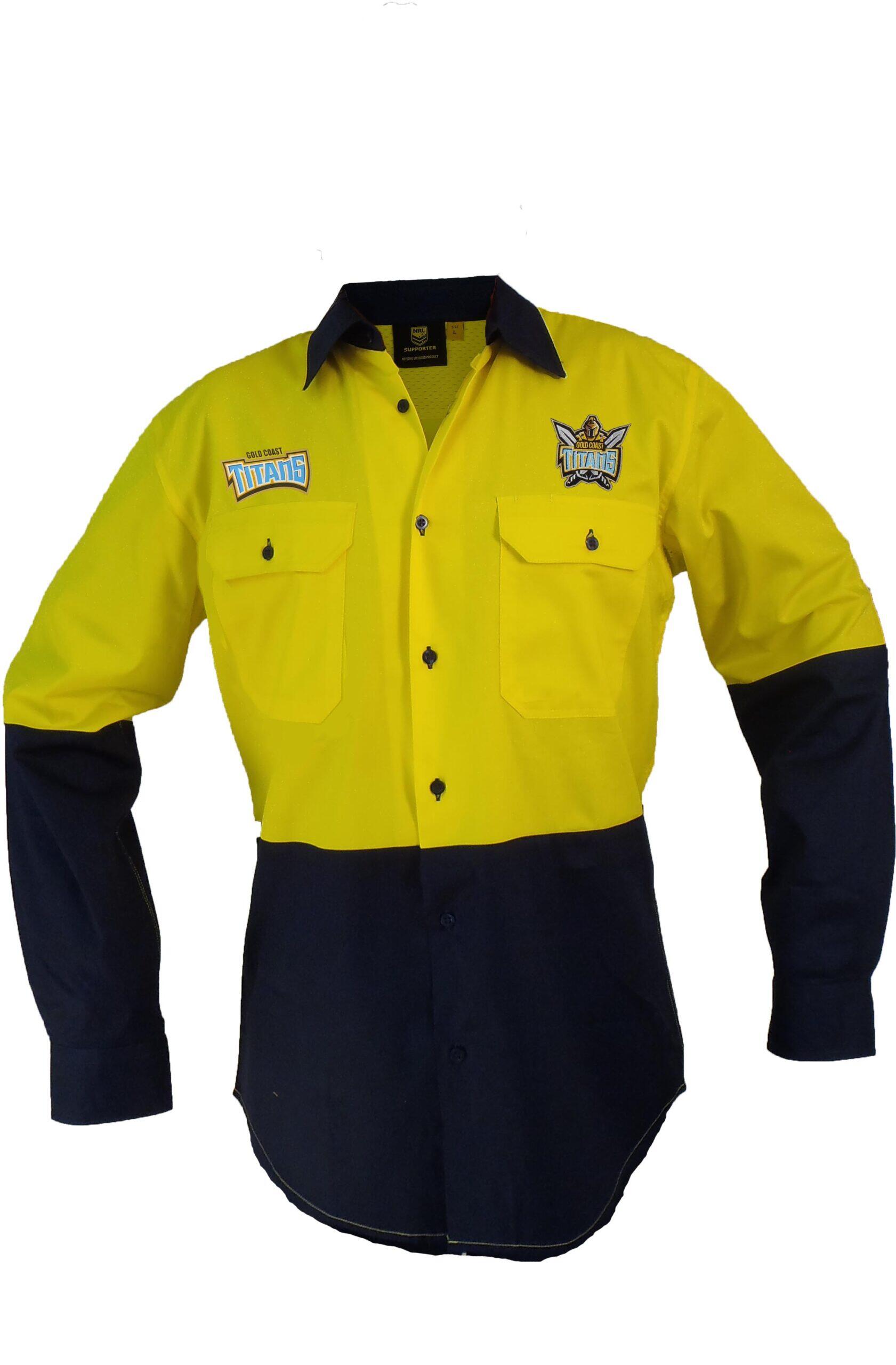 Gold Coast Titans NRL Hi Vis Button up Work Shirt Long Sleeve Yellow