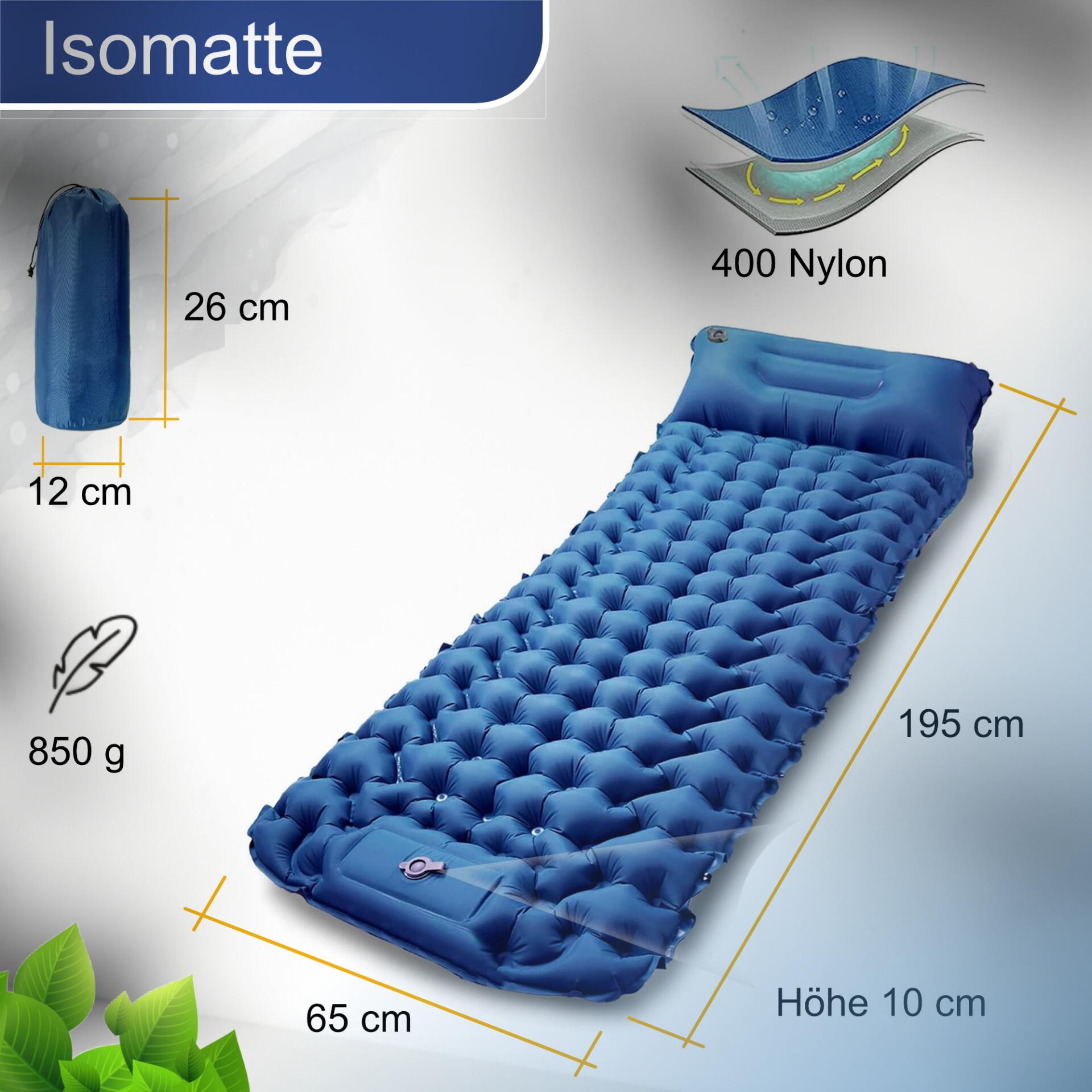 Isomatte 195 cm x 65 cm 10 cm Blau Matte Kissen Pumpe 2/6