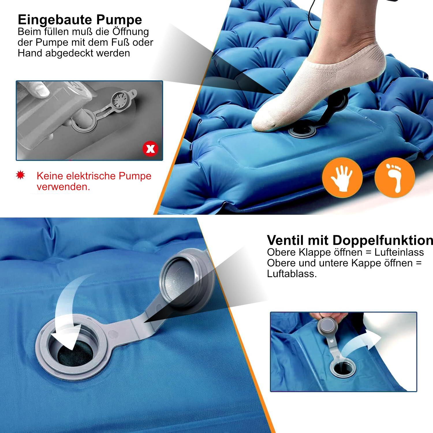 Isomatte 195 cm x 65 cm 10 cm Blau Matte Kissen Pumpe 3/6