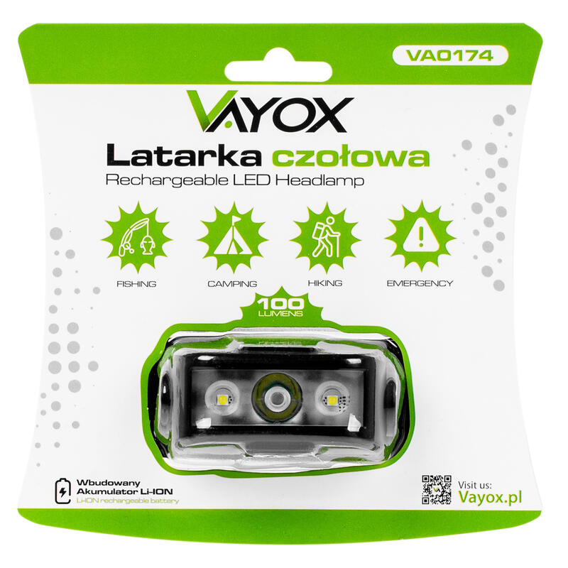 Latarka czołowa Vayox VA0174, 100lm, akumulatorowa, USB-C