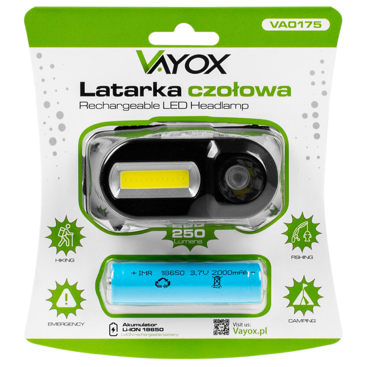 Lanterna frontal Vayox VA0175, 380lm, recarregável, USB-C 7/7