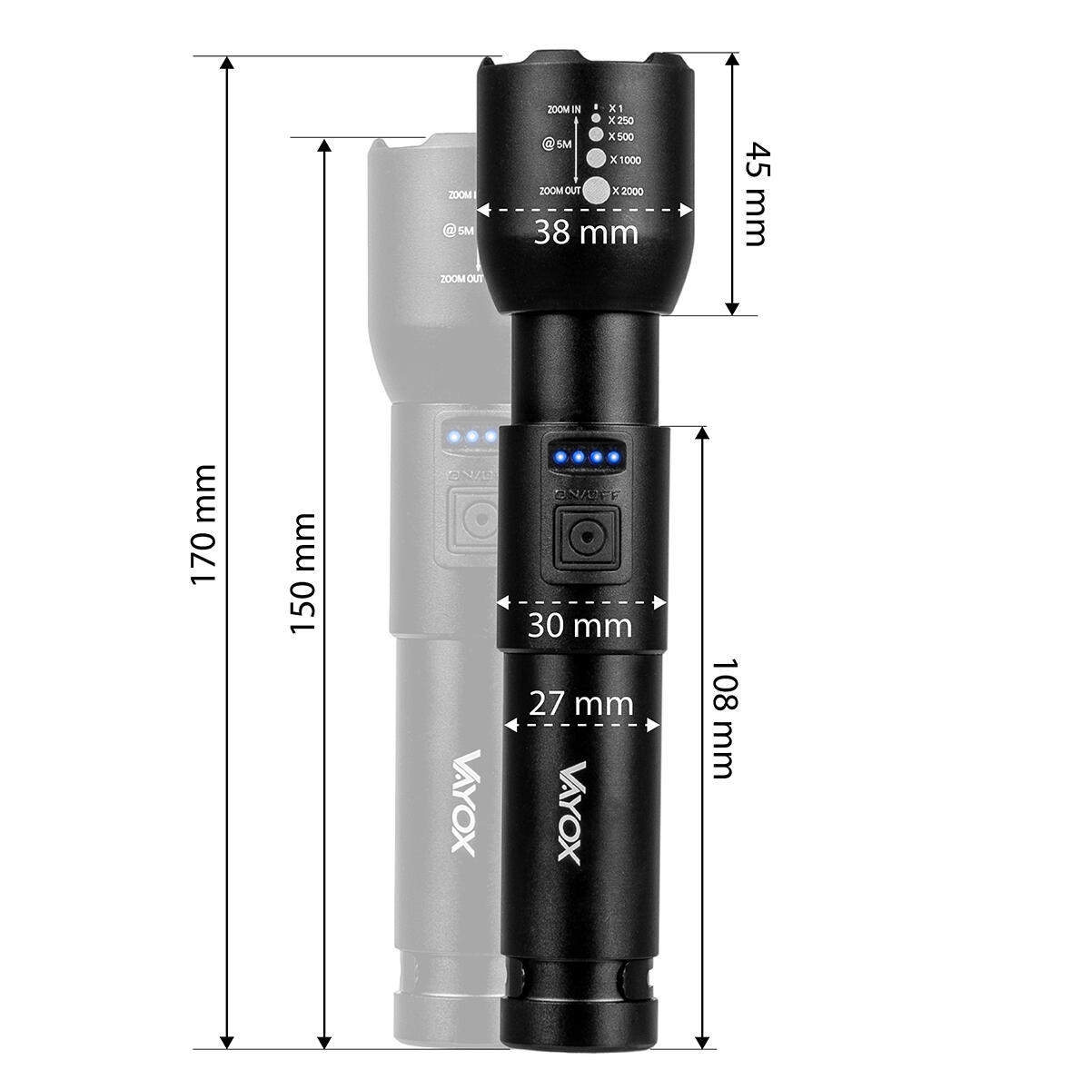 Torcia ricaricabile Vayox VA0180, 800 lm, ZOOM, con clip 5/7