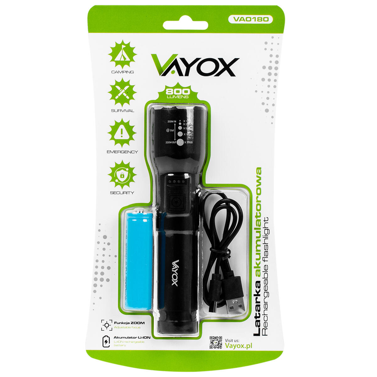 Torcia ricaricabile Vayox VA0180, 800 lm, ZOOM, con clip 7/7