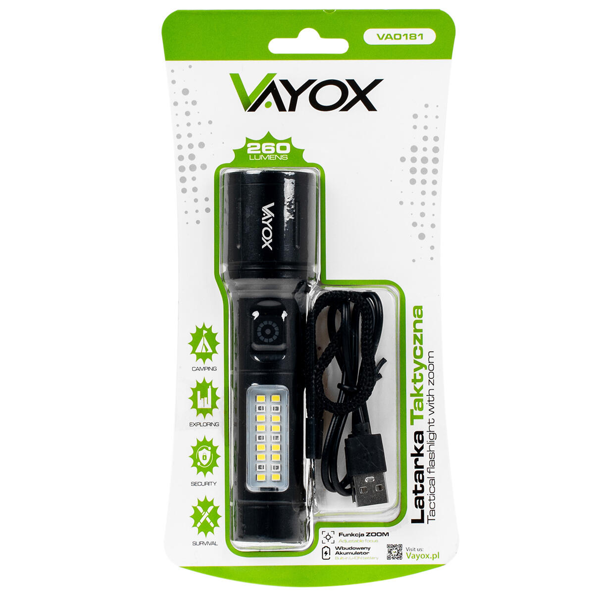 Oplaadbare zaklamp Vayox VA0181, 260lm, ZOOM, zijlicht 7/7
