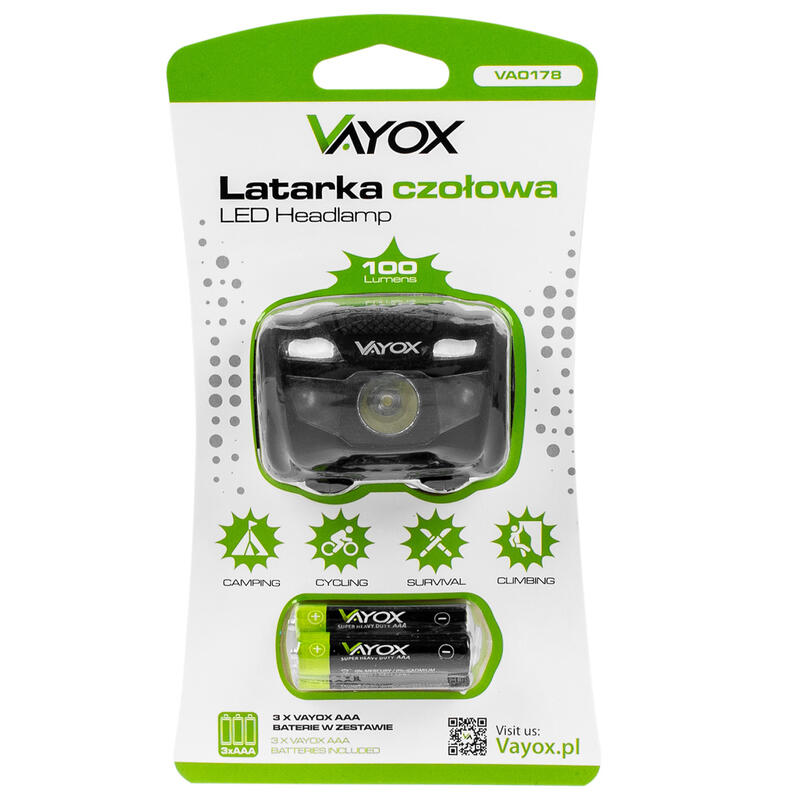 Latarka czołowa Vayox VA0178, 100lm, bateryjna