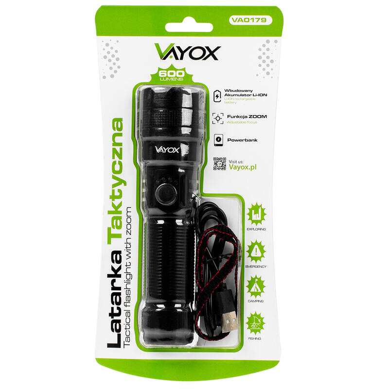 Latarka akumulatorowa Vayox VA0179, 600lm, ZOOM, Powerbank