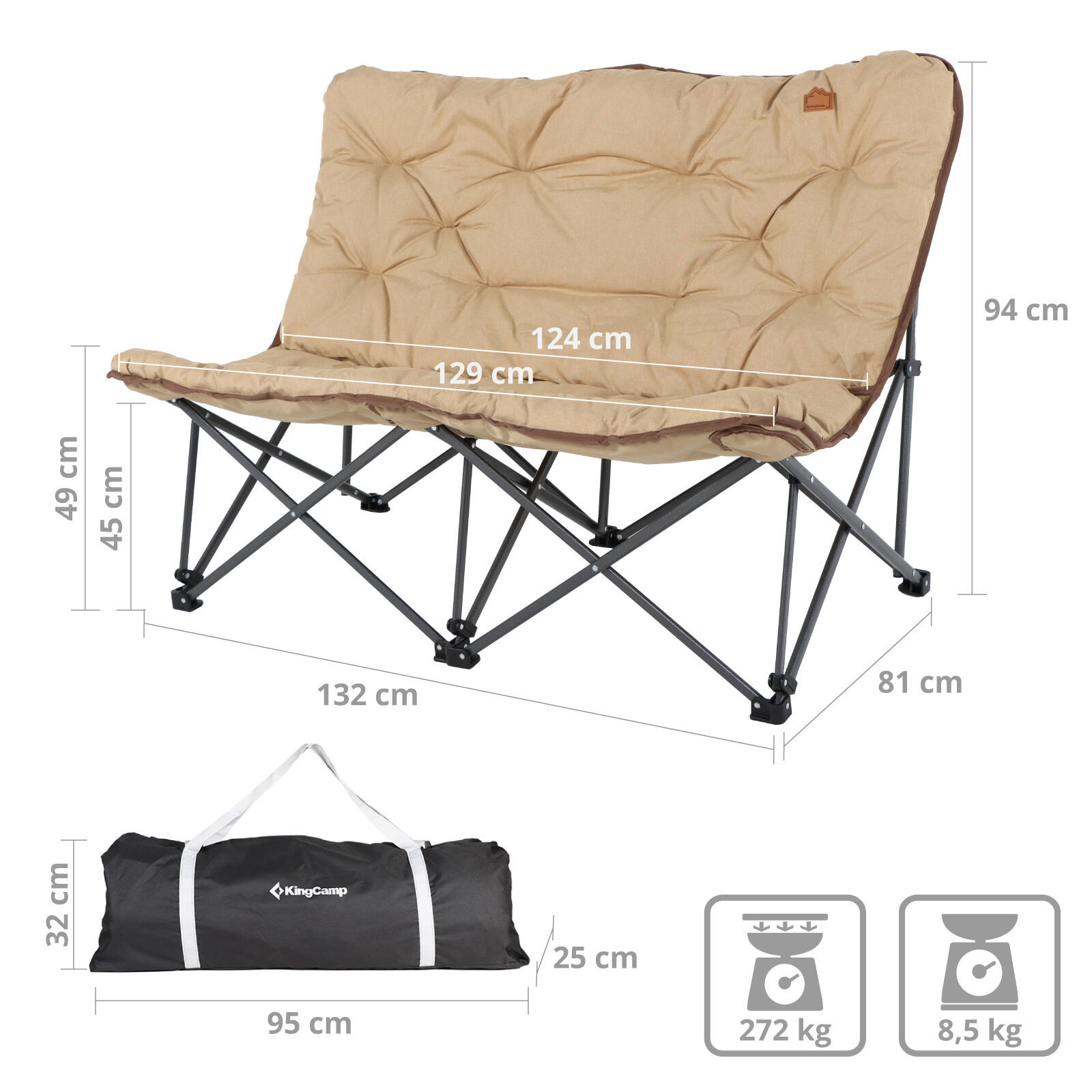 Campingbank Lindon Relax Double Lounge Chair 2Person Folding Couch 2/7