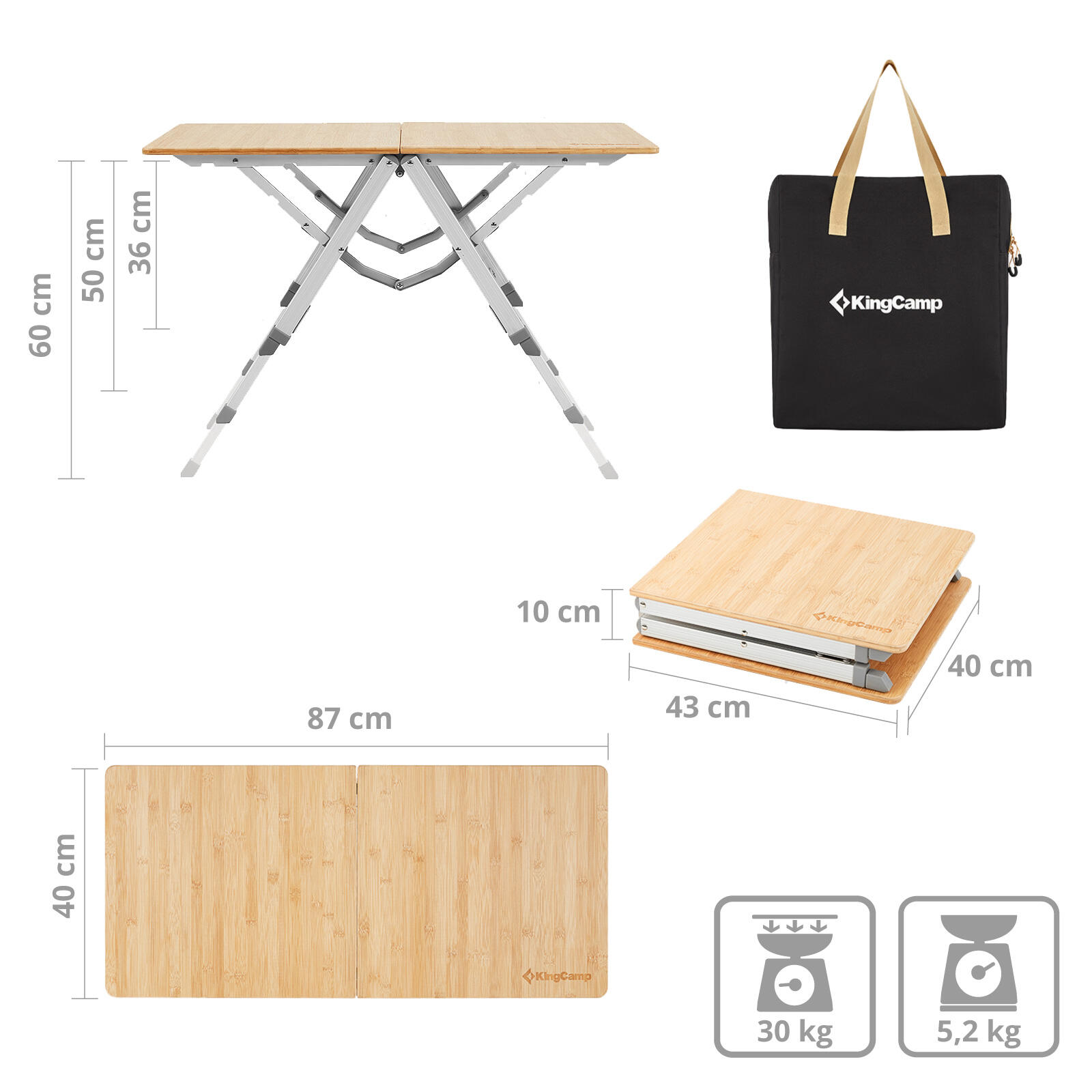 Tavolo da Campeggio Bamboo Duo pieghevole regolabile Alluminio 2/6