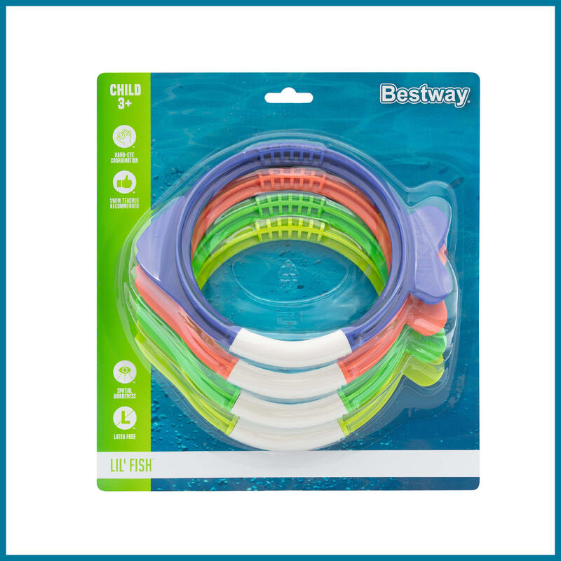 Juego de Piscina Bestway Lil Fish con 4 Anillos de Buceo de Colores Azul Naranja