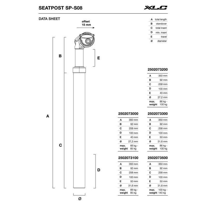 XLC Tige de selle à ressort Comp SP-S08, Ø 31,6mm, 350mm, 66-85kg