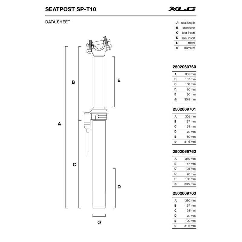 XLC All MTN telescopische zadelpen SP-T10, Ø30,9mm, 350mm, slag 100mm