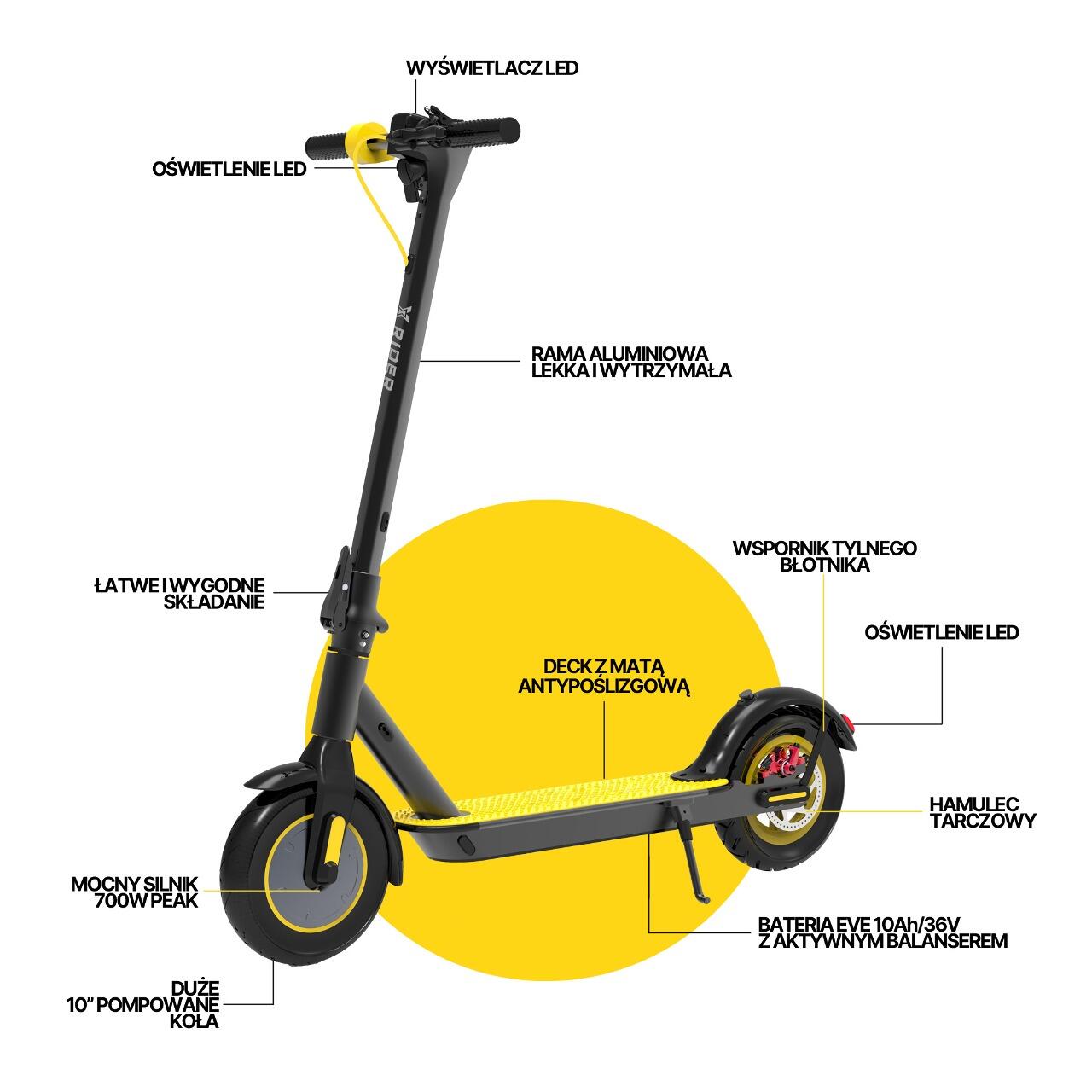Hulajnoga elektryczna XRIDER M10 Light+, Aplikacja, KERS, 700W PEAK, EVE