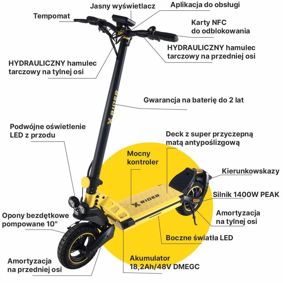 Hulajnoga elektryczna XRIDER F10 Aplikacja KERS 1400W PEAK bateria DMEGC 18.2ah