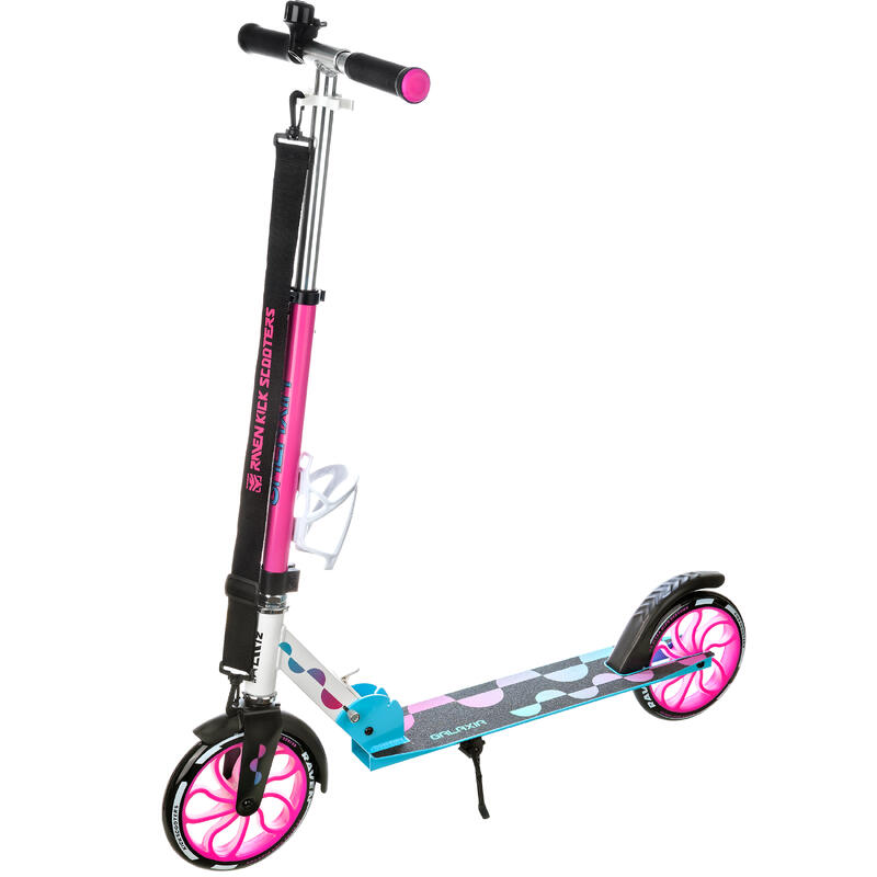 Trottinette pliante avec sonnette, porte-bouteille, roues LED Galaxia Noir/Rose