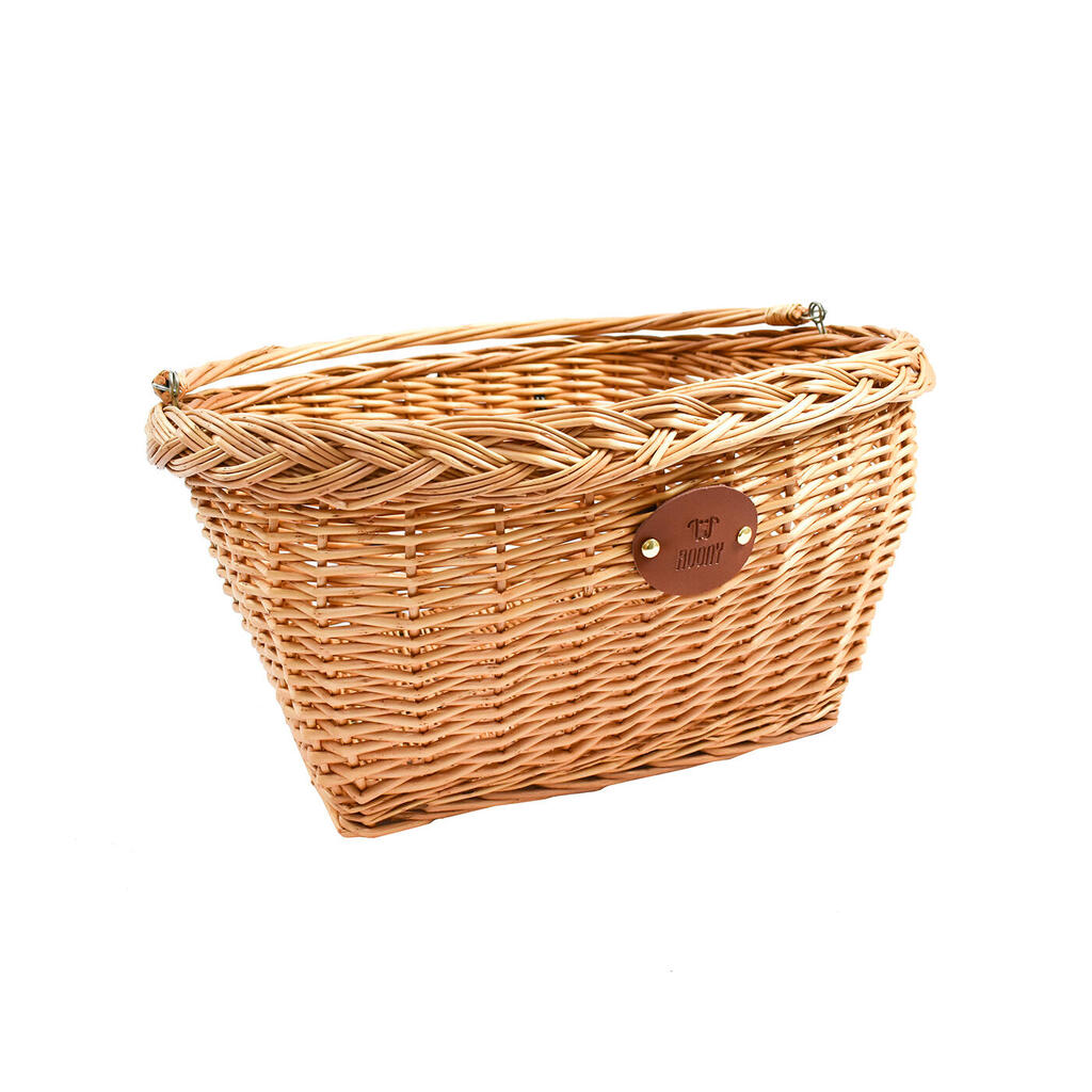 Open front wicker bicycle basket with handlebar attachment
