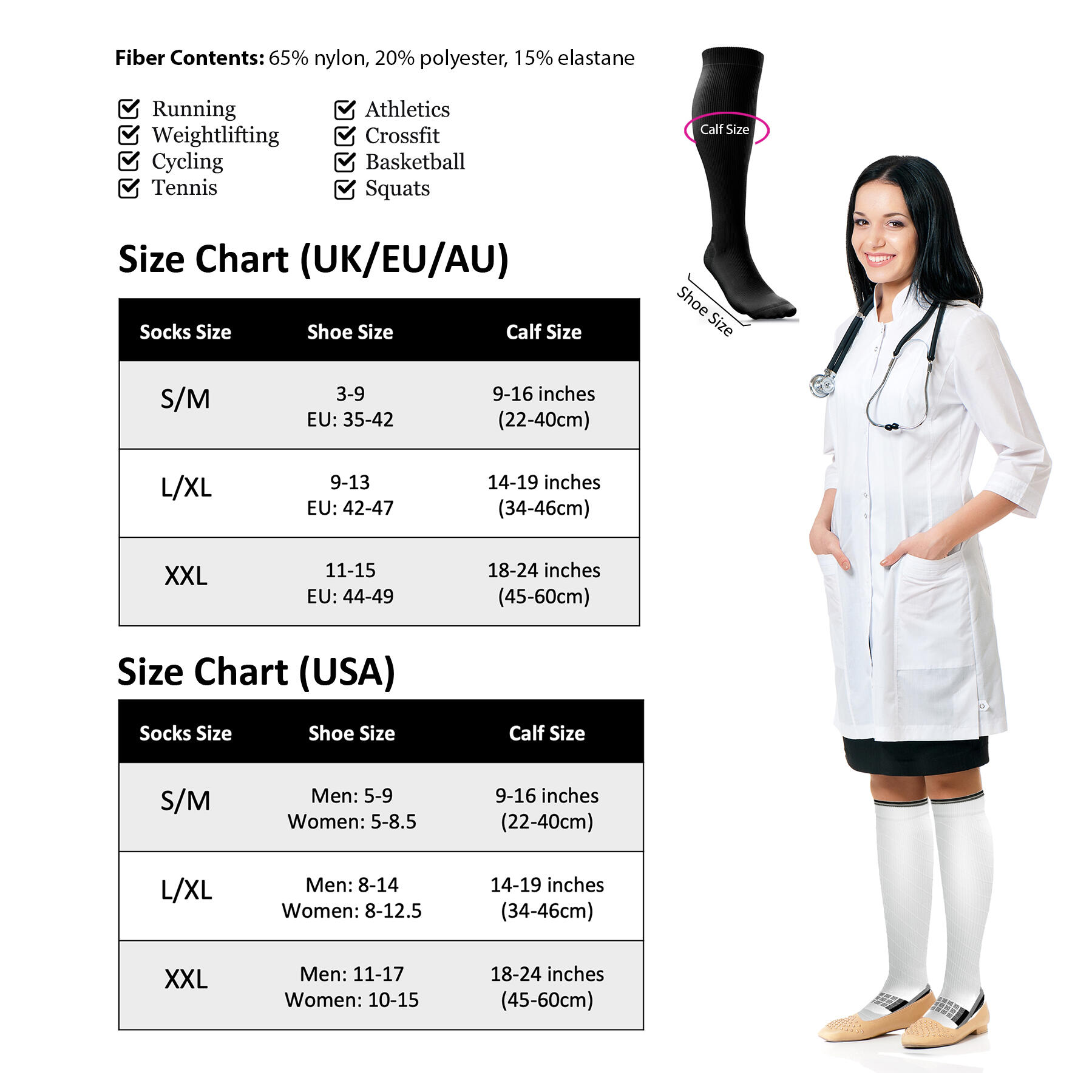 Calf Support Compression Socks for Men & Women (20-30 mmHg)(Black w/Blue) 3/7