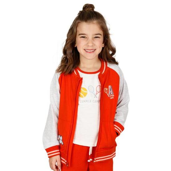 Sudadera roja niña con cremallera y bordado tenis