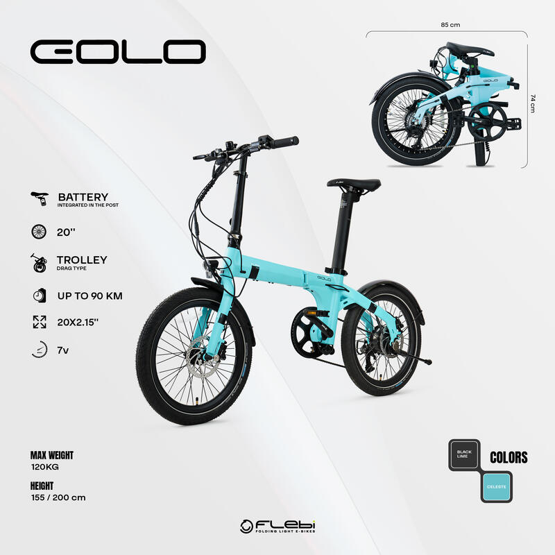 Bicicletă electrică pliabilă Eolo sky blue | Autonomie 70km - Baterie 10.4Ah