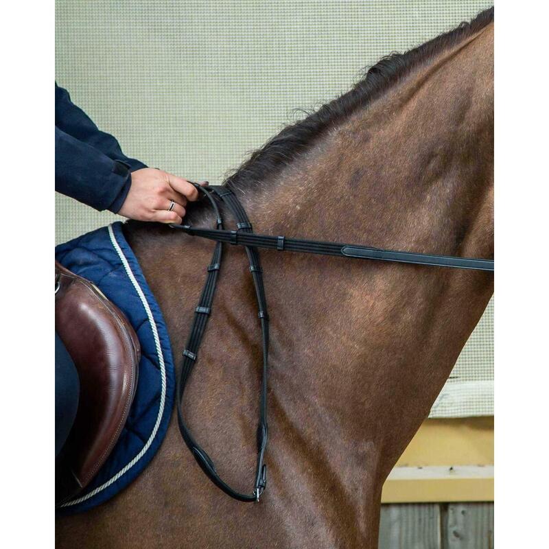 Rênes pour cheval en cuir et tissu avec 9 arretoirs (Sans Stopper) Dy’on 5/8"