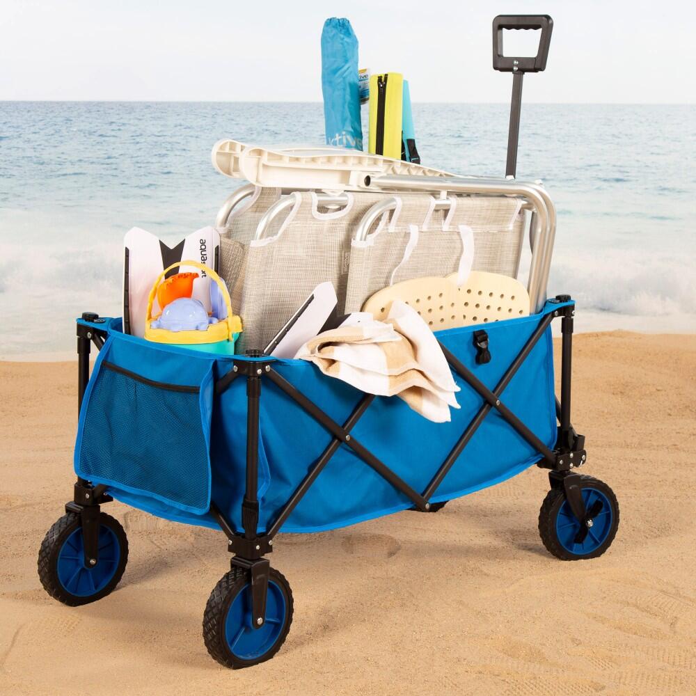 Chariot De Plage VidaXL - Bleu - Pliable, Portable, Avec Roues - Pêche, Pique-nique
